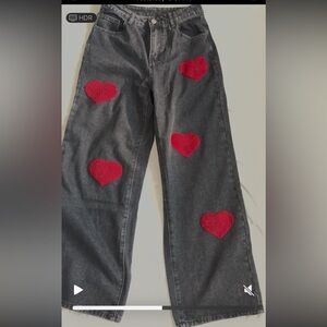 Gray Pants with Red Heart Patches